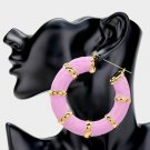 Pink & Gold Round Bamboo Textured Cute DoorKnocker 3 Inch Trend Hoop Earrings