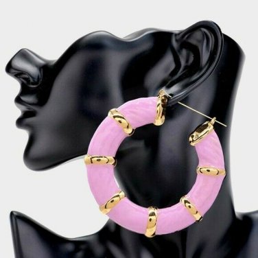 Pink & Gold Round Bamboo Textured Cute DoorKnocker 3 Inch Trend Hoop Earrings