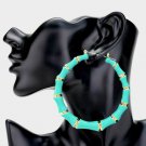 Mint and Gold Round Bamboo Textured Trendy Cute DoorKnocker 3 Inch Hoop Earrings
