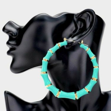 Mint and Gold Round Bamboo Textured Trendy Cute DoorKnocker 3 Inch Hoop Earrings