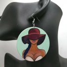 Ponytail and Hat Woman Circle Round Girl Colorful Design Hoop Dangle Earrings