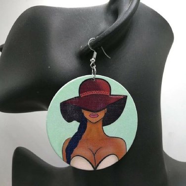 Ponytail and Hat Woman Circle Round Girl Colorful Design Hoop Dangle Earrings