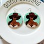 Ponytail and Hat Woman Circle Round Girl Colorful Design Hoop Dangle Earrings