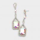 Silver Colorful Rectangle Shaped Jeweled Crystal 3 Inch Drop Dangle Earrings