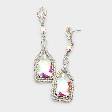 Silver Colorful Rectangle Shaped Jeweled Crystal 3 Inch Drop Dangle Earrings