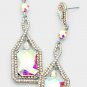 Silver Colorful Rectangle Shaped Jeweled Crystal 3 Inch Drop Dangle Earrings