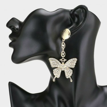 Gold Rhinestone Crystal Butterfly Pendant Fashion Jewelry Bling Dangle Earrings