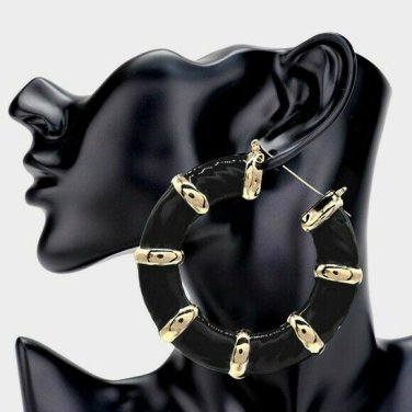 Black & Gold Round Bamboo Textured Cute DoorKnocker 3 Inch Trend Hoop Earrings