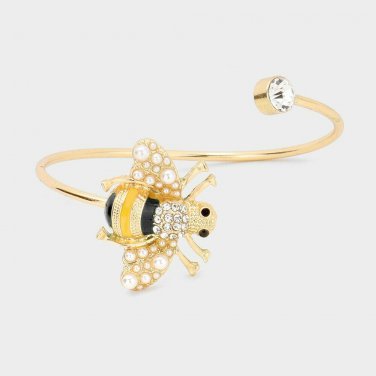 Rhinestone Crystal Gold Honeybee Cream Pearl Charm Cuff Bangle Bracelet Cute