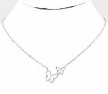 Silver Butterfly Necklace Double Pendant Chain Statement Charm Fashion Jewelry
