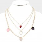 Triple Layered Gold Heart Pendants Necklace Chain Colorful Charm Fashion Jewelry