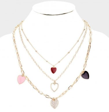 Triple Layered Gold Heart Pendants Necklace Chain Colorful Charm Fashion Jewelry