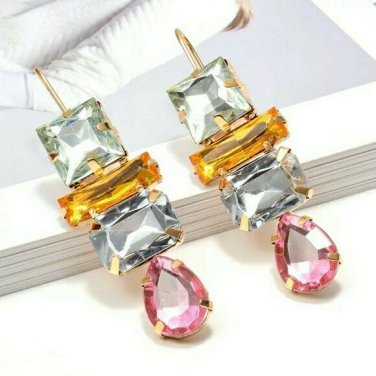 Gold Colorful Crystal Stones Fun Fashion Stylish Trendy Modern Dangle Earrings