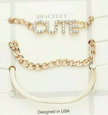 Gold Rhinestone CUTE Three Piece Worded Chain Link Bracelet Set