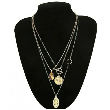 Gold Face Head MultiLayered Coin Necklace Pendant Chain Jewelry Trendy Style