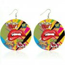 Red Pop Art Comic Sexy Lip Circle Round Colorful Design Hoop Dangle Earrings