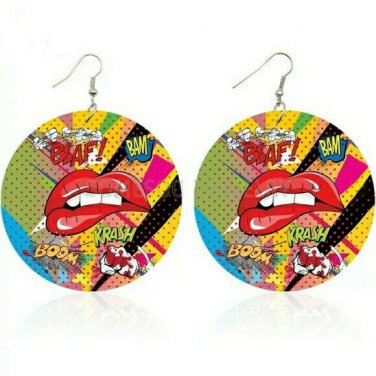 Red Pop Art Comic Sexy Lip Circle Round Colorful Design Hoop Dangle Earrings