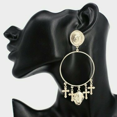 Gold Lion Head Pendant Round Fun Fashion Stylish Trend Dangle Drop Hoop Earrings