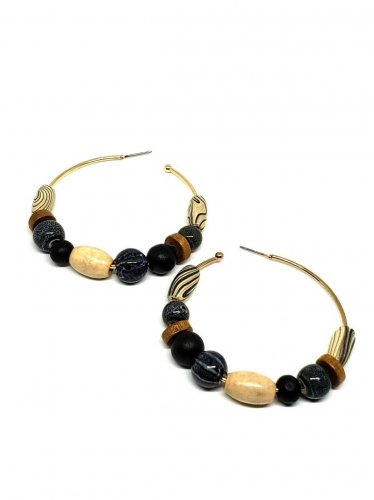Black & Brown Gold Stone 2.60 Inches Fashion Jewelry Beaded Round Hoop Earrings
