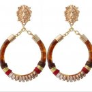 Gold Lion Head Brown Round Fun Fashion Stylish Trendy Dangle Drop Hoop Earrings