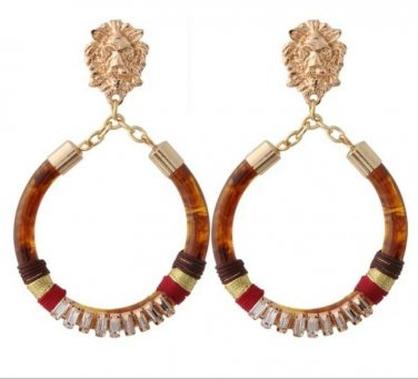 Gold Lion Head Brown Round Fun Fashion Stylish Trendy Dangle Drop Hoop Earrings
