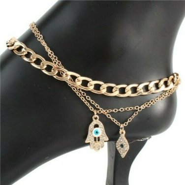 Gold Hamsa Eye Rhinestone Crystal Pendant Anklet Chain Style Bling Cute Anklet