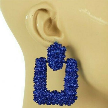 Cute Blue Modern Abstract Geometric Rectangle Design Metal Post Dangle Earrings