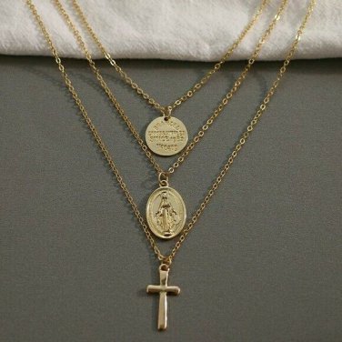 Gold MultiLayered Coin Cross Necklace Pendant Statement Chain Jewelry Trendy