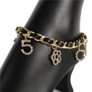 Black Leather Gold Crystal Flower Pendant Anklet Chain Style Bling Cute Anklet