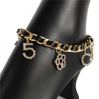 Black Leather Gold Crystal Flower Pendant Anklet Chain Style Bling Cute Anklet