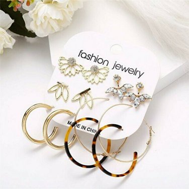 Mixed Styles Gold Tortoise Shell Fashion Trendy Modern Rhinestone Hoop Earrings