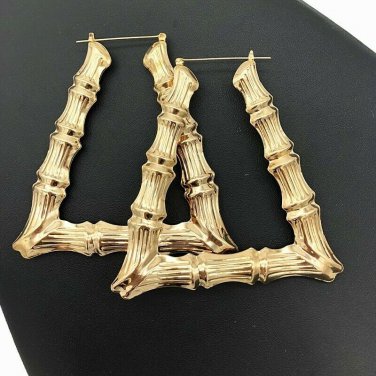 Gold Bamboo Textured Cute DoorKnocker 3 Inch Triangle Trapezoid Hoop Earrings