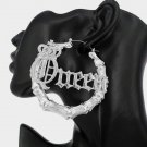 QUEEN Crystal Silver Round Bambo Textured Cute DoorKnocker 3 Inch Hoop Earrings