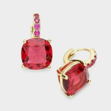 Red Crystal Gold Square Style Cute Trendy Fashion Jewelry Huggie Dangle Earrings