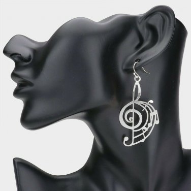 Silver Music Note Treble Clef Dangle Earrings Cute Style Fashion Jewelry Trendy