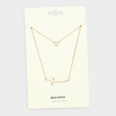 Rose Gold Cubic Zirconia Layered Necklace Sideways Cross Pendant Statement Chain