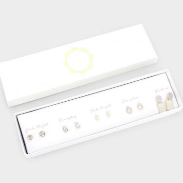 Gold Crystal Stud Earrings 5 Pairs Bar Mixed Design Style Set Bling Cute Womens