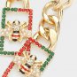 Red Green Gold Crystal Bee Fun Chain Link Fashion Stylish Trendy Dangle Earrings