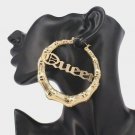 QUEEN Gold Round Bamboo Textured 3.25 Inch Cute Trendy DoorKnocker Hoop Earrings