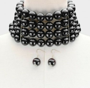 Black Pearl Choker Style Strand Statement Chain Necklace Fashion Jewelry Set