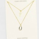 Gold Cubic Zirconia Layered Necklace Charms Lock and Key Pendant Statement Chain