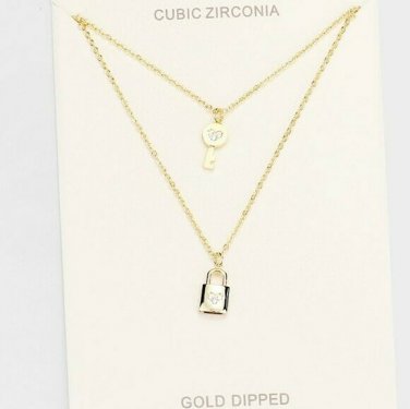 Gold Cubic Zirconia Layered Necklace Charms Lock and Key Pendant Statement Chain