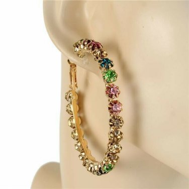 MultiColored Crystal Gold Hoop Earrings 2.5" Design Bling Fashion Jewelry Womens