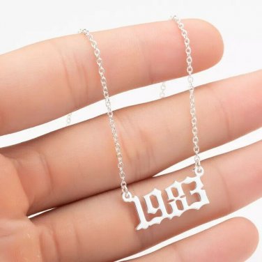 Silver 1983 Year Old English Birthday Necklace Pendant Statement Chain Jewelry