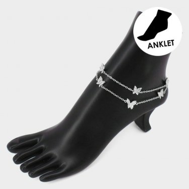 Silver Butterfly 2 Piece Layered Crystal Pendant Anklet Chain Cute Bling Anklet