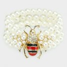 Crystal Gold Honeybee Cream Pearl Beaded MultiLayered Stretch Charm Bracelet