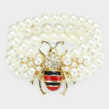 Crystal Gold Honeybee Cream Pearl Beaded MultiLayered Stretch Charm Bracelet