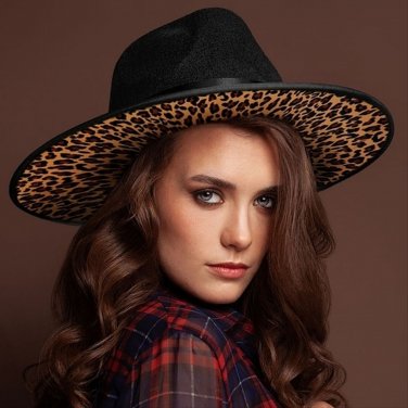 Black Leopard Print Pattern Inside Brim Belt Fedora Hat Trendy Panama Accessory