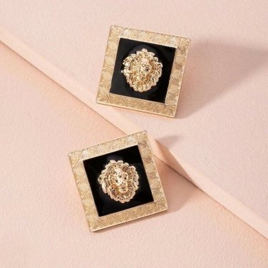 Black and Gold Square Charm Lion Head Pendant Fashion Jewelry Cute Stud Earrings