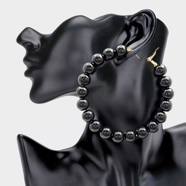Black Pearl Beaded Ball Gold Round Cute 3.5 Inch Oversized Large Hoop Earrings